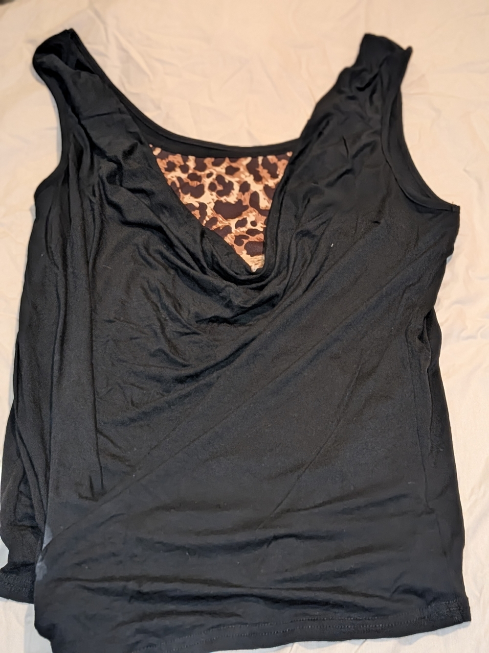 SHEIN Black Cowl Neck Tank with Leopard Trim